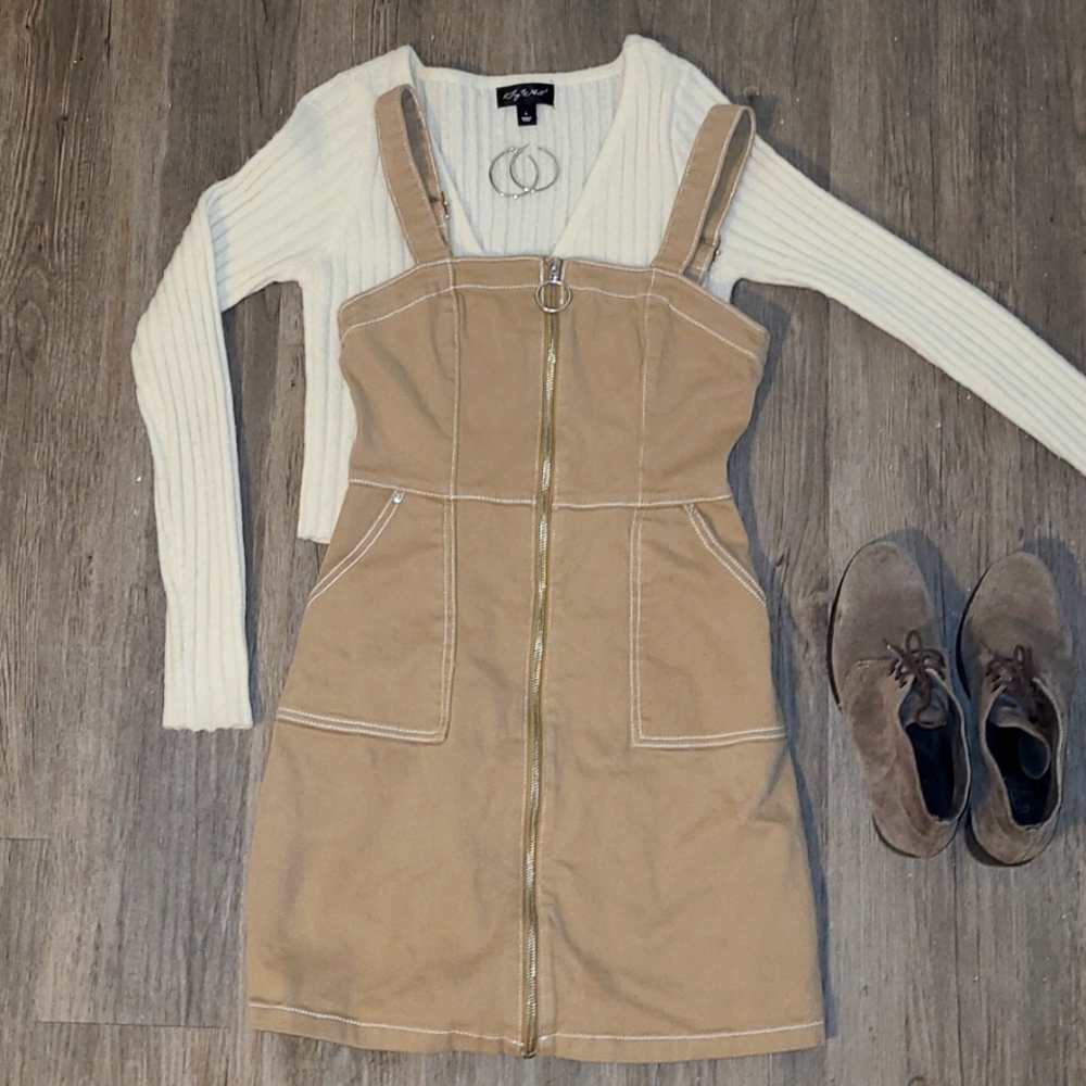 DIVIDED by H & M Tan O-Ring Zip Front Mini Overall Dress Size 4